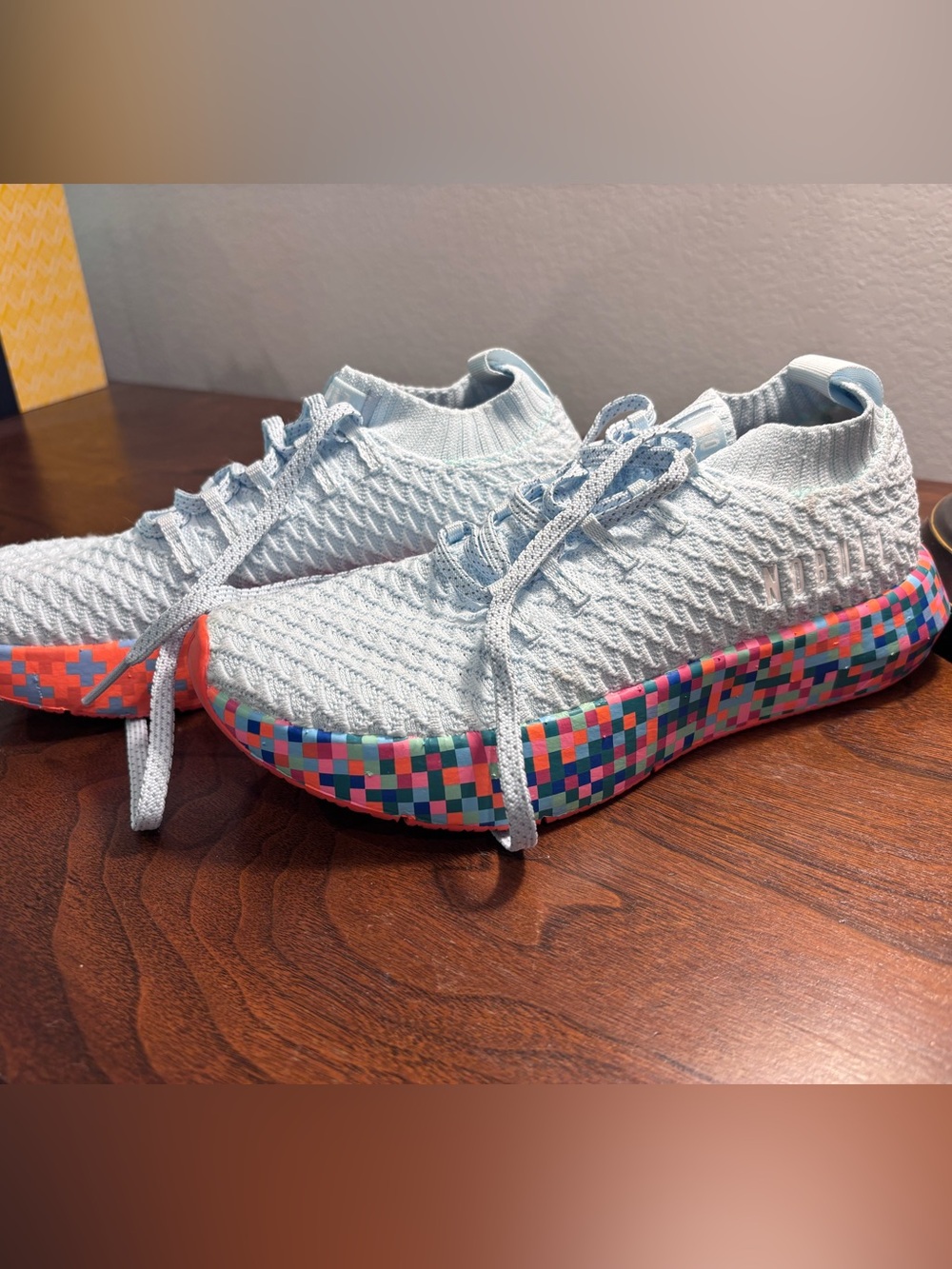 NOBULL Pale Blue Knit Sneaker with Multicolor Mosaic Sole NEW - Picture 2 of 4